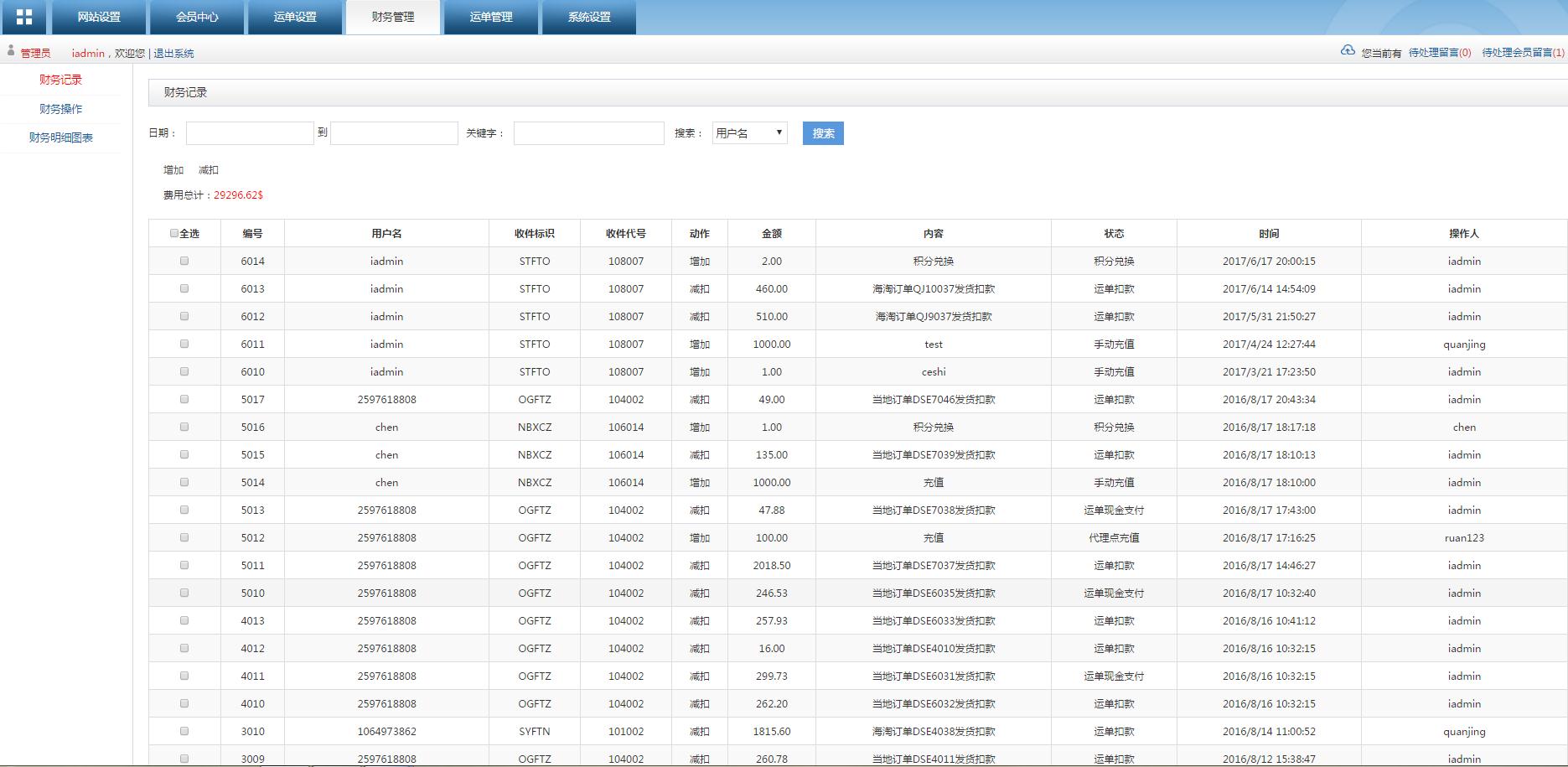 轉運系統(tǒng)后臺管理財務記錄管理界面